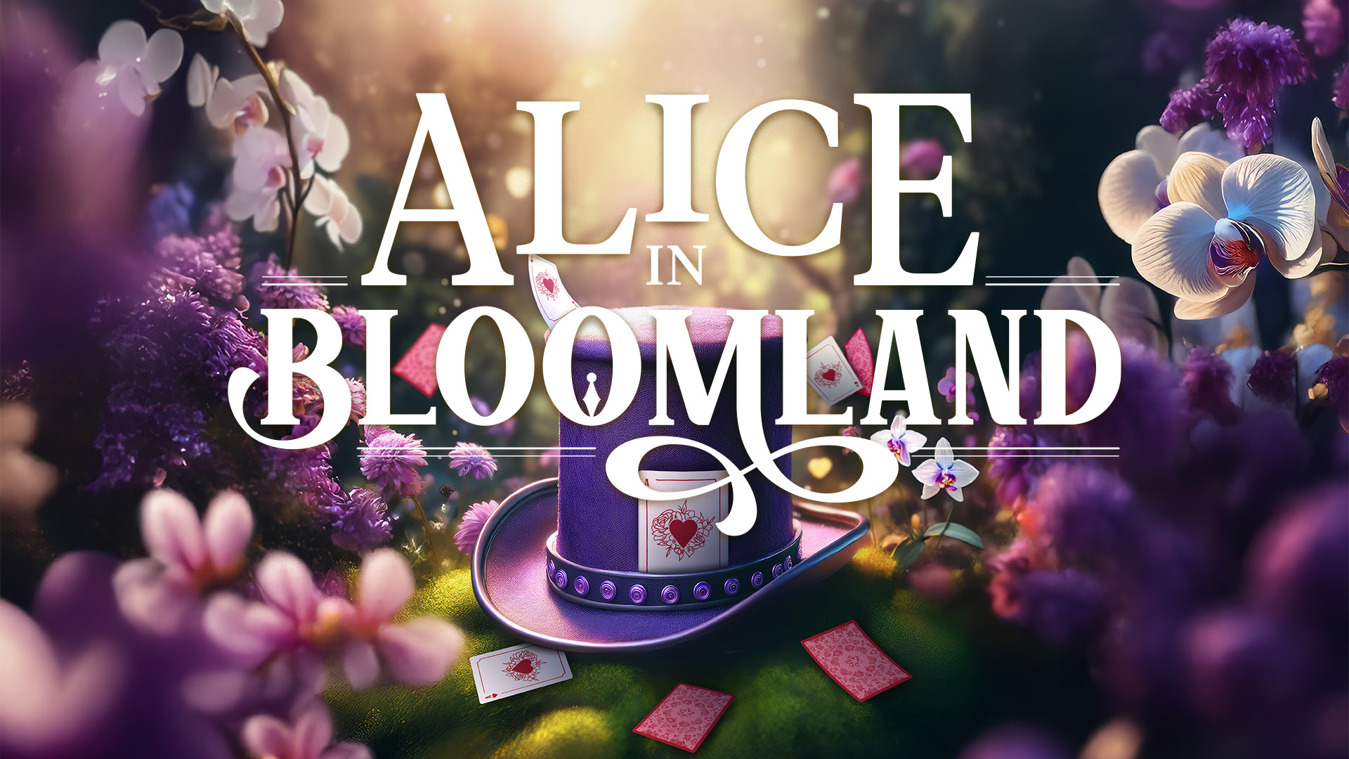 Alice in Bloomland - whimsical scene with purple tophat and cards surrounded by purple blooms and orchids
