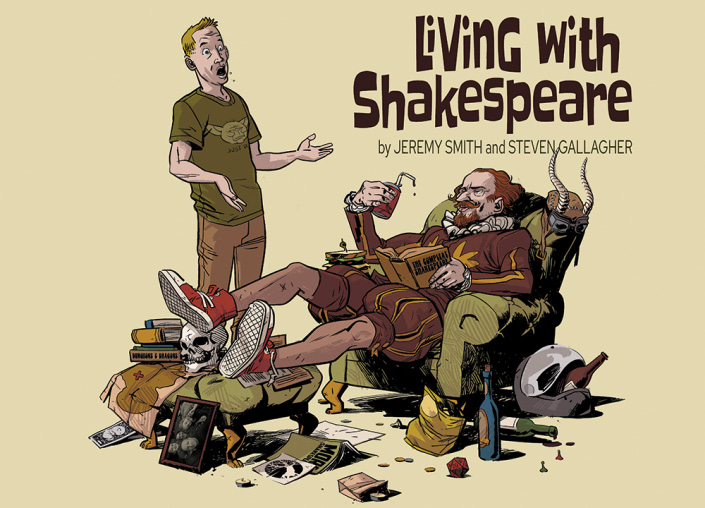 "Living with Shakespeare" poster, featuring illustrated shakespeare lounging in a modern sofa surrounded by a mess of garbage, and an exasperated man alongside him.