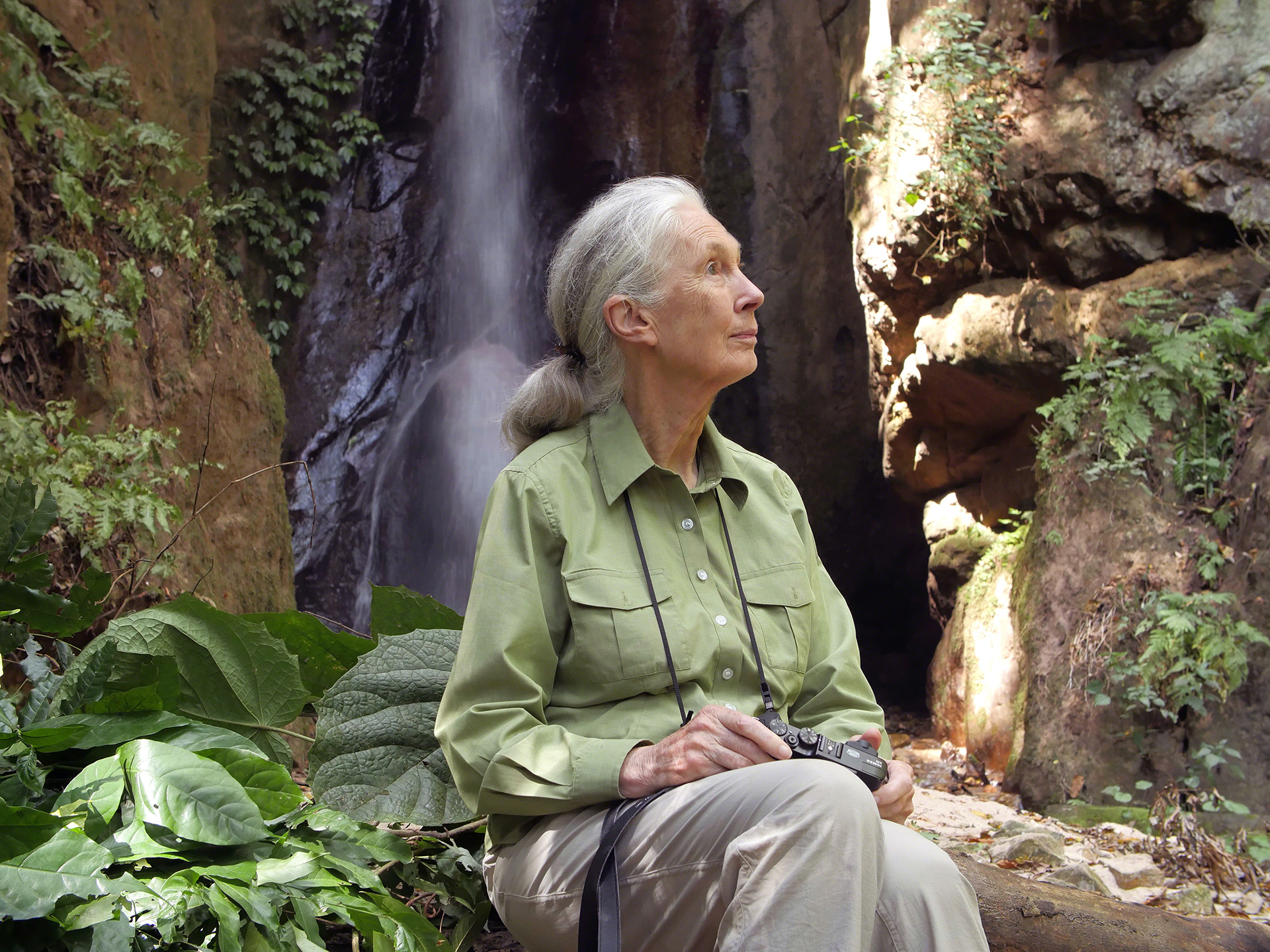 Dr. Jane Goodall beside a waterfall in Gombe National Park, Tanzania