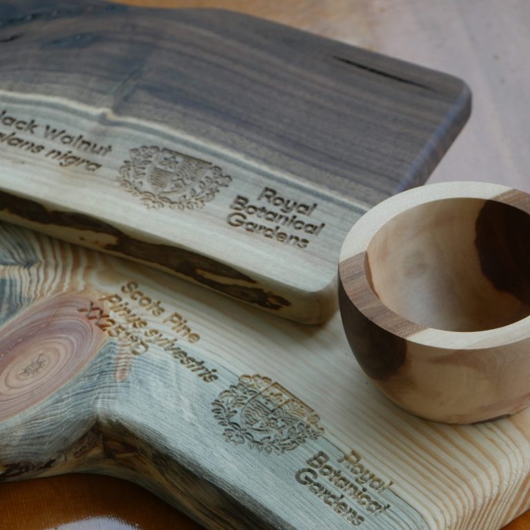 Two wooden boards with the rbg logo imprinted