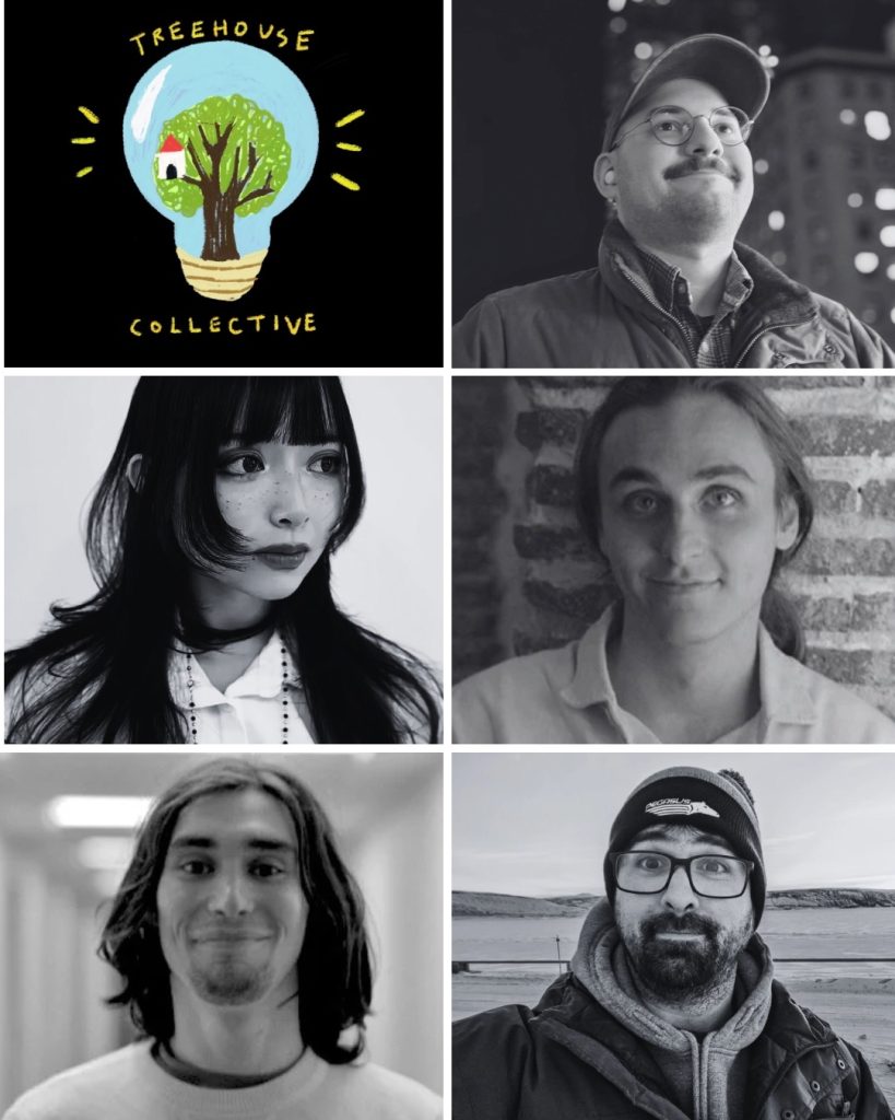 Treehouse Collective - grid of 5 artists and a logo of a treehouse and tree inside a light bulb