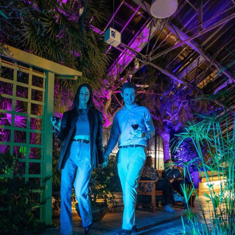 couple walking through mediterranean garden greenhouse lit up for the evening, wine in hand