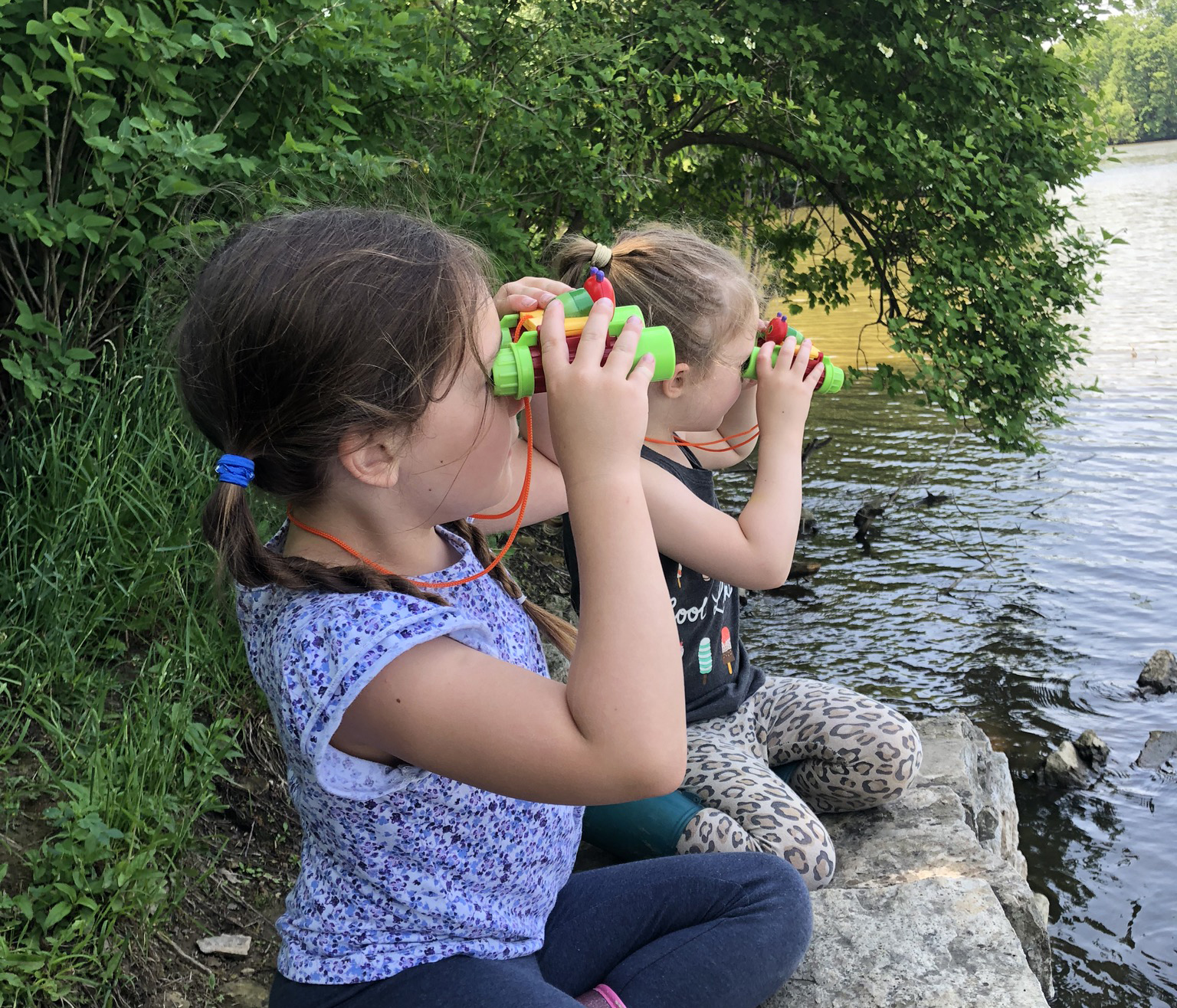 Two children looking through binoculars in natural area
